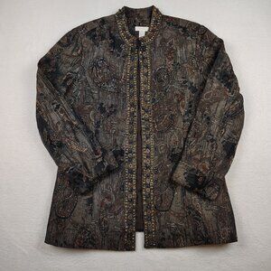 Chicos Sequin Embellished Jacket Womens sz 1 Open Front Jacquard Blazer